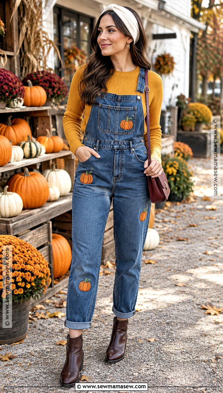 Pumpkin Overalls With Mustard Sweater - 15 Pumpkin Overalls