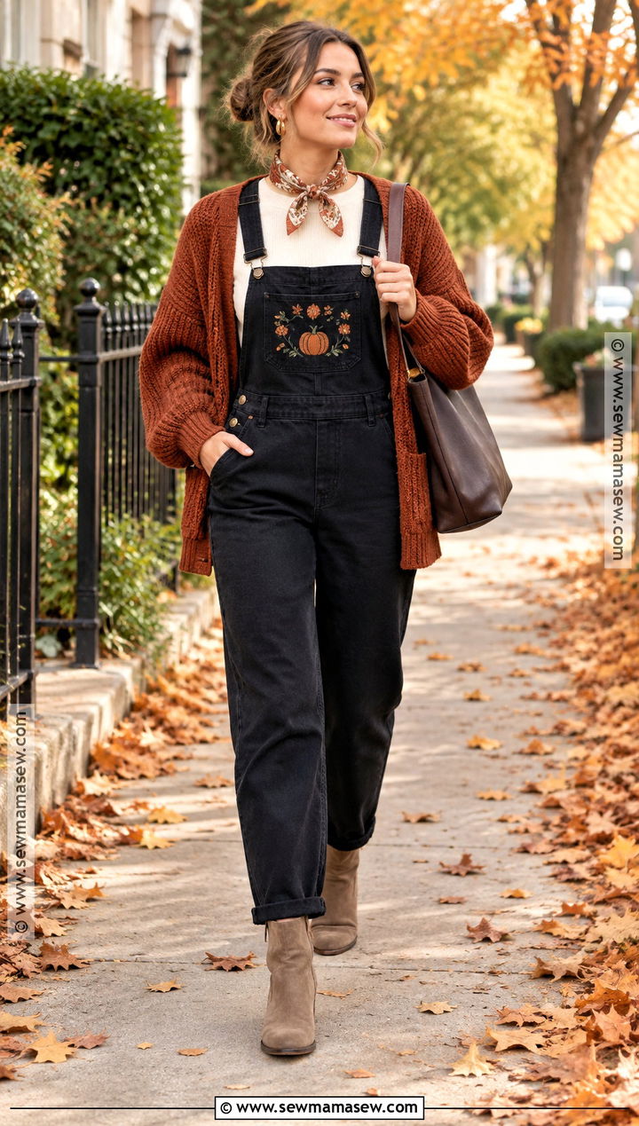 Pumpkin Overalls With Rust Cardigan - 15 Pumpkin Overalls