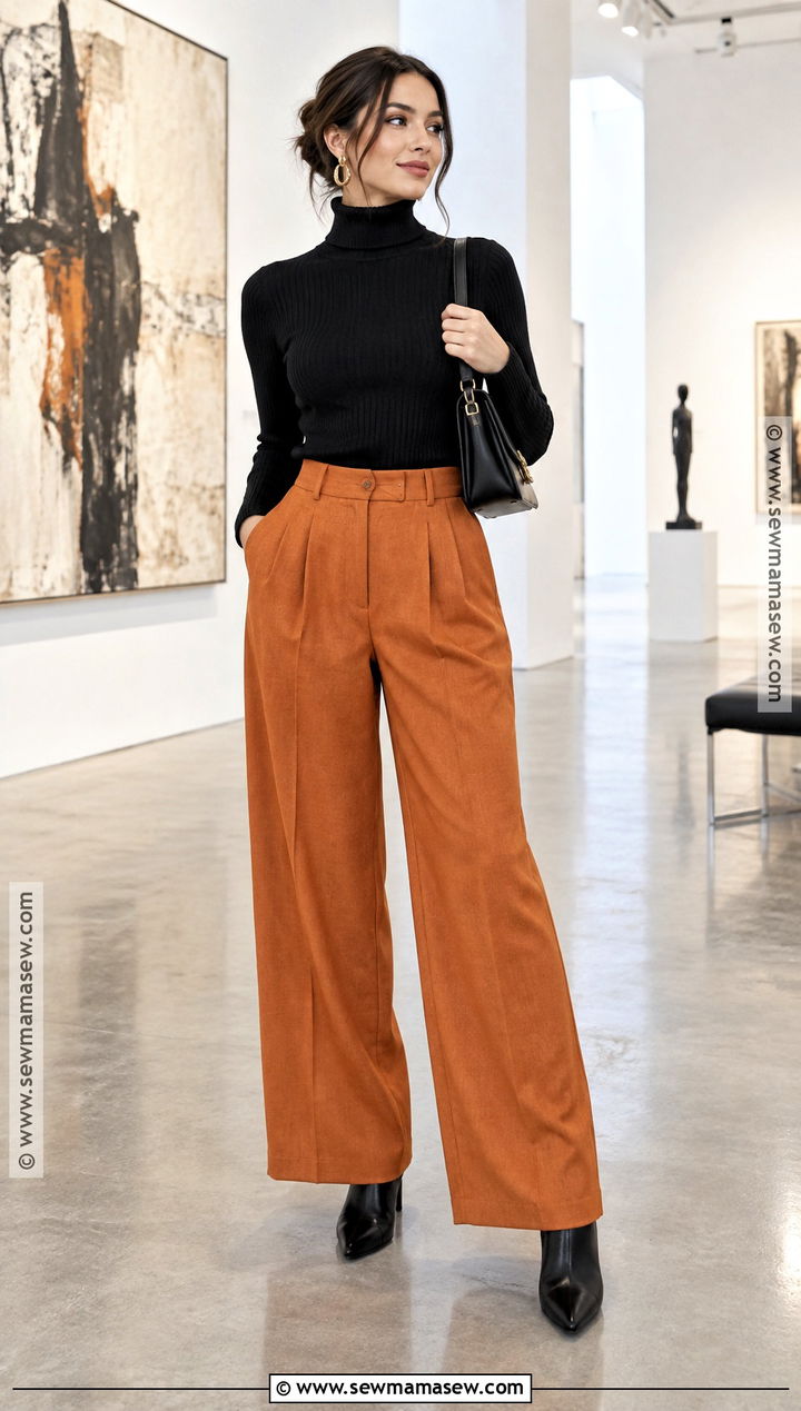 Pumpkin Pants With Black Turtleneck And Heeled Boots - 20 Pumpkin Pants Outfit