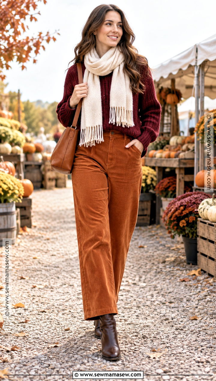 Pumpkin Pants With Burgundy Sweater And Brown Boots - 20 Pumpkin Pants Outfit
