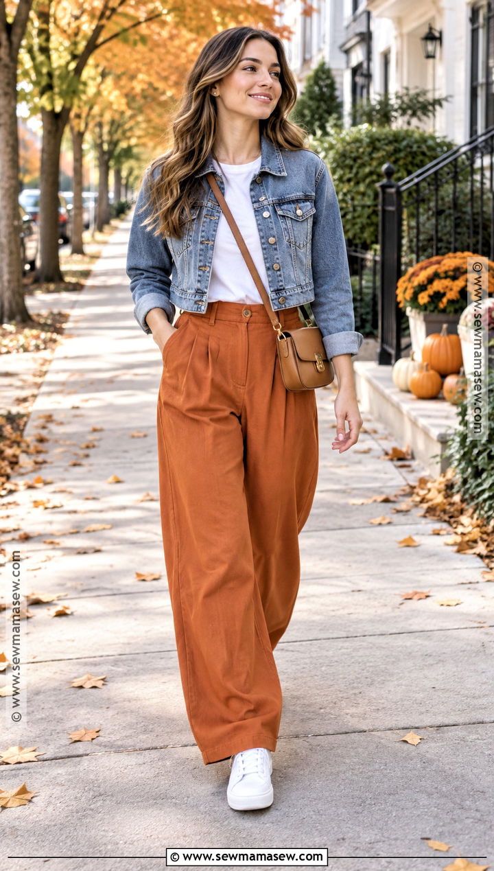 Pumpkin Pants With Denim Jacket And White Sneakers - 20 Pumpkin Pants Outfit
