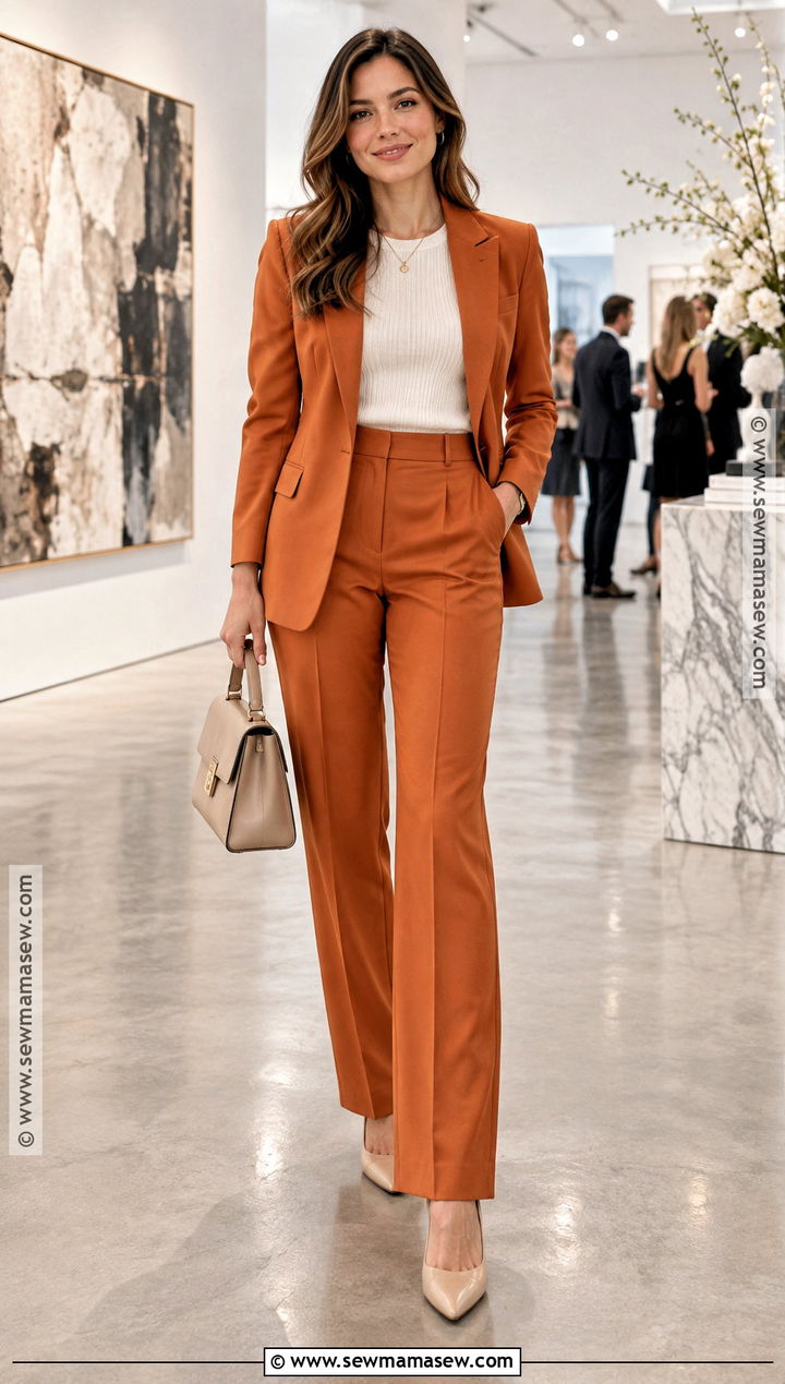 Pumpkin Pants With Matching Blazer And Neutral Top - 20 Pumpkin Pants Outfit