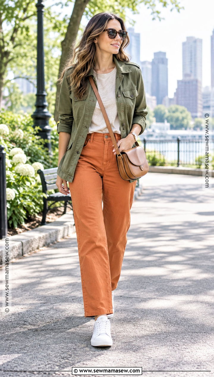 Pumpkin Pants With Olive Utility Jacket And Sneakers - 20 Pumpkin Pants Outfit
