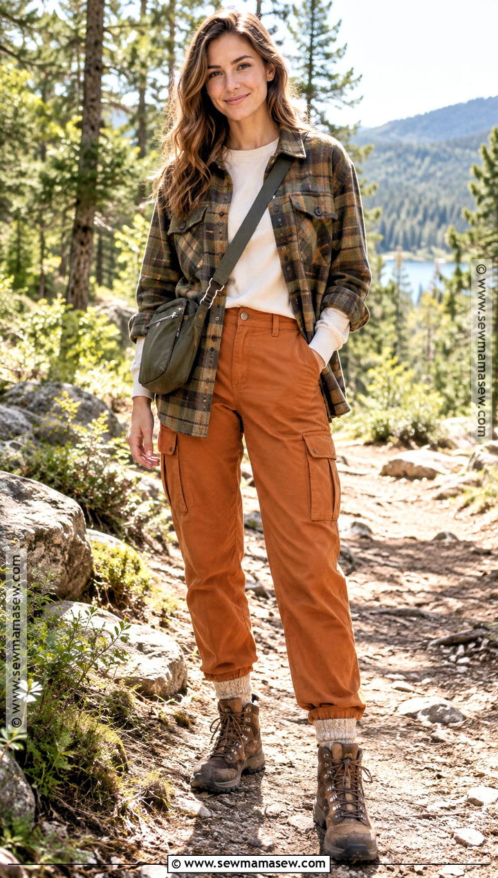 Pumpkin Pants With Plaid Shacket And Hiking Boots - 20 Pumpkin Pants Outfit