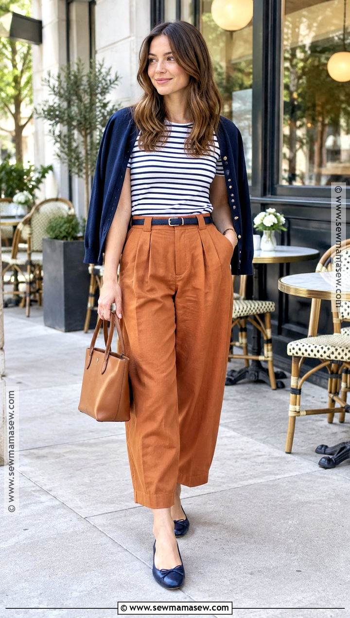 Pumpkin Pants With Striped Tee And Ballet Flats - 20 Pumpkin Pants Outfit