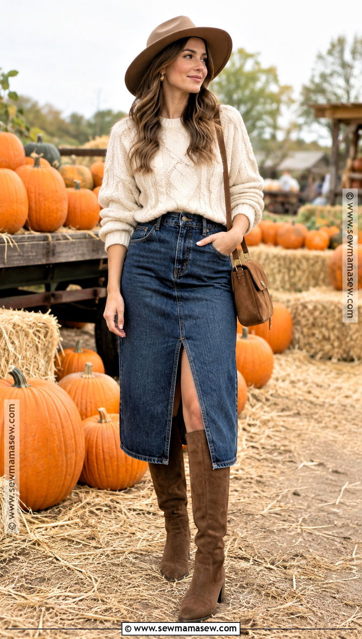 Pumpkin Patch Outfit With A Denim Skirt And Sweater - 20 Hot Pumpkin Patch Outfit Ideas