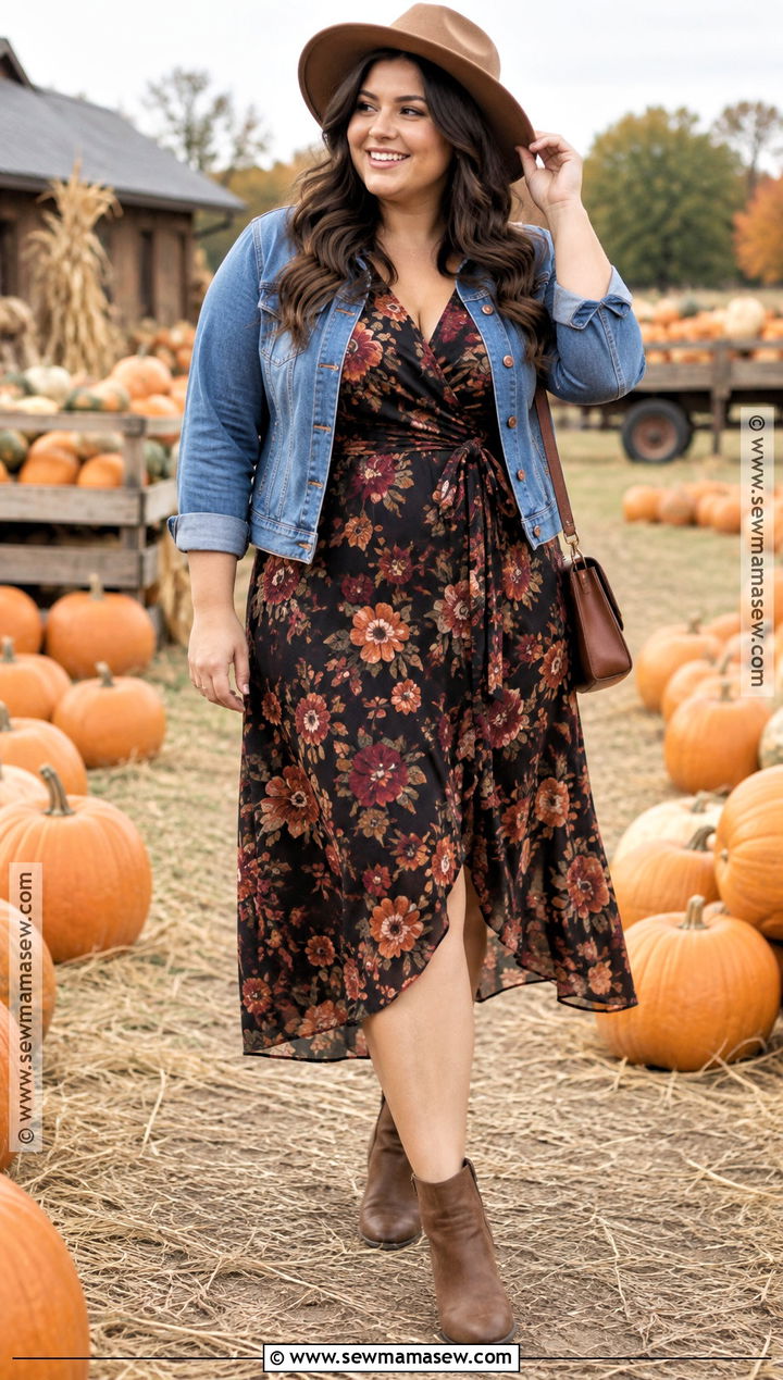 Pumpkin Patch Outfit With A Floral Midi Dress And Denim Jacket - 20 Hot Pumpkin Patch Outfit Ideas