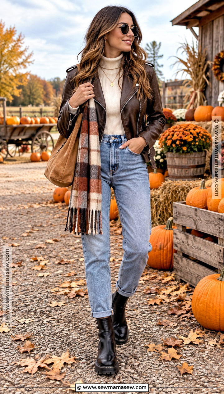 Pumpkin Patch Outfit With A Leather Jacket And Mom Jeans - 20 Hot Pumpkin Patch Outfit Ideas
