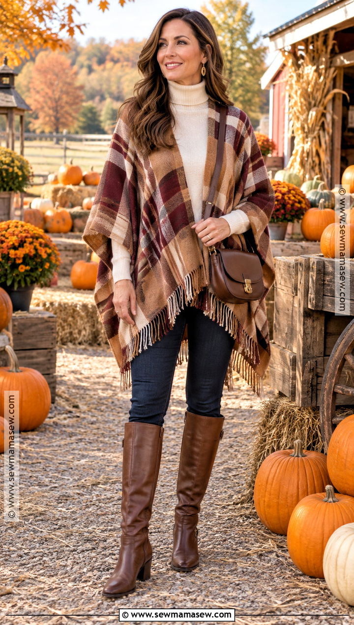 Pumpkin Patch Outfit With A Poncho And Skinny Jeans - 20 Hot Pumpkin Patch Outfit Ideas