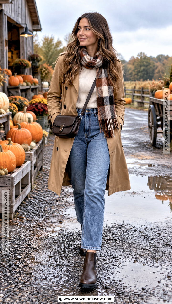 Pumpkin Patch Outfit With A Trench Coat And Straight Leg Jeans - 20 Hot Pumpkin Patch Outfit Ideas