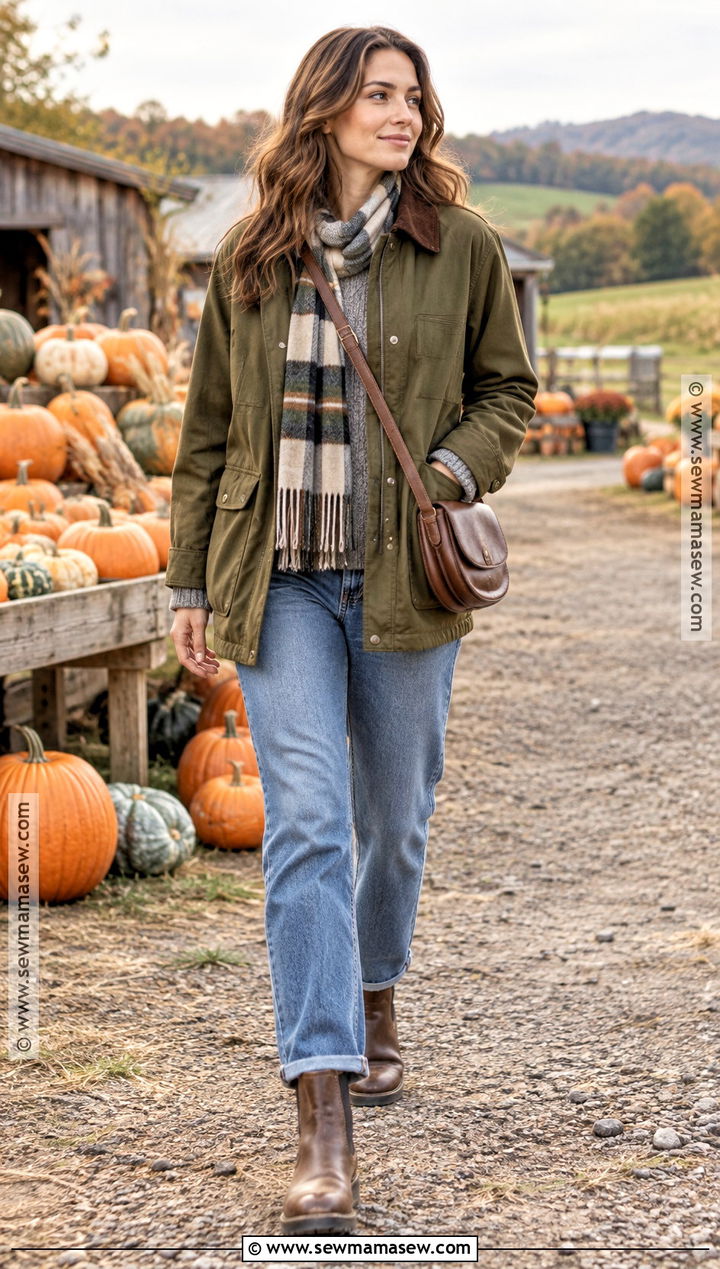 Pumpkin Patch Outfit With Barn Jacket And Relaxed Jeans - 30 pumpkin patch outfit ideas