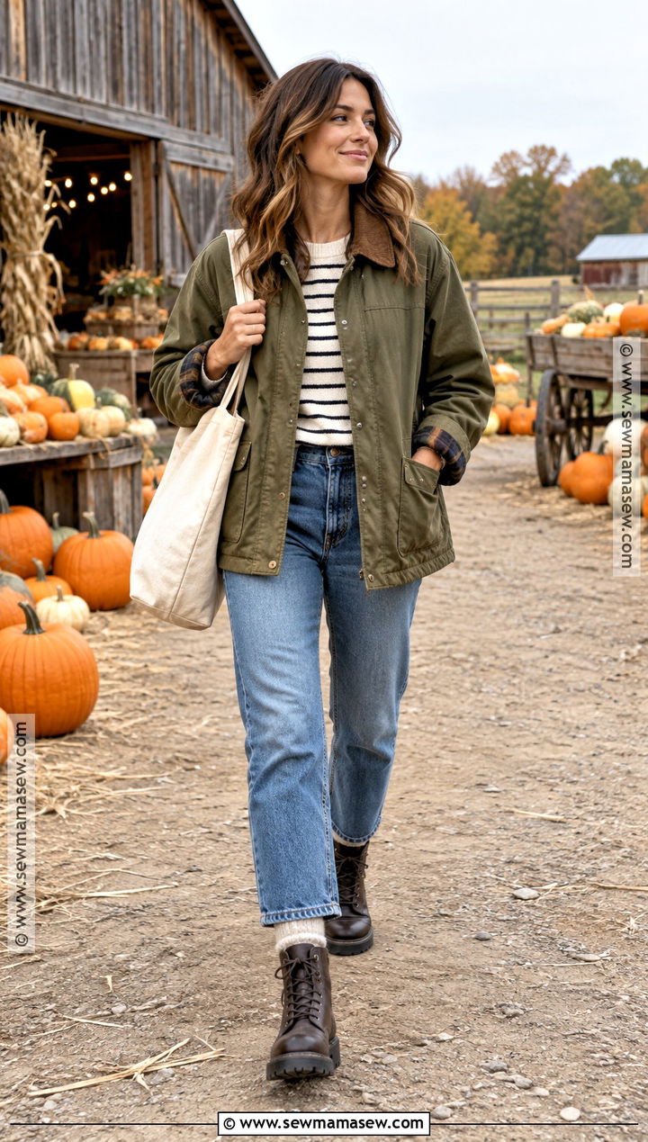 Pumpkin Patch Outfit With Barn Jacket And Straight Leg Jeans - 20 Fall Outfits For Pumpkin Patch