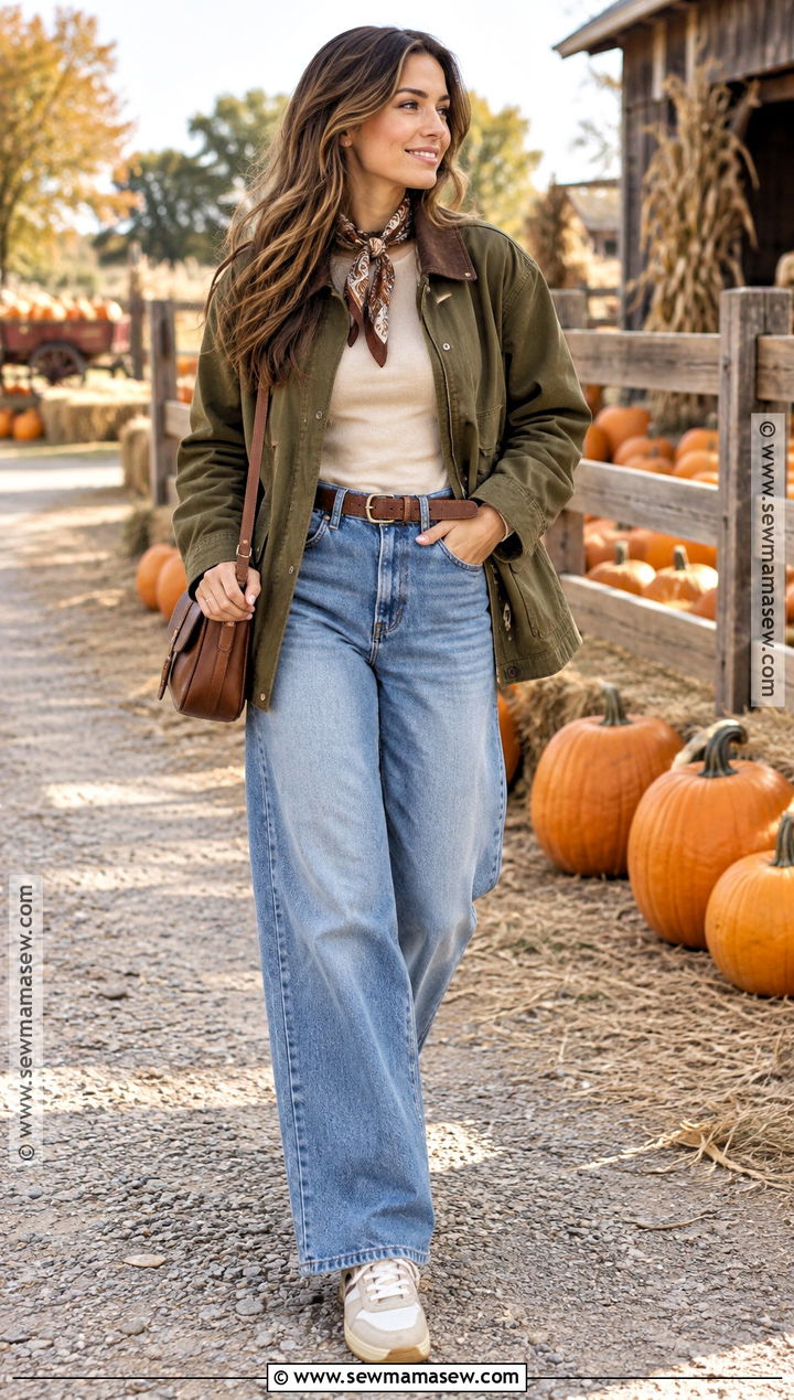 Pumpkin Patch Outfit With Barn Jacket And Wide Leg Jeans - 25 Pumpkin Patch Outfit Ideas