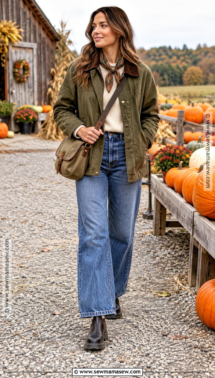 Pumpkin Patch Outfit With Barn Jacket And Wide Leg Jeans - 25 pumpkin patch outfit cold weather ideas