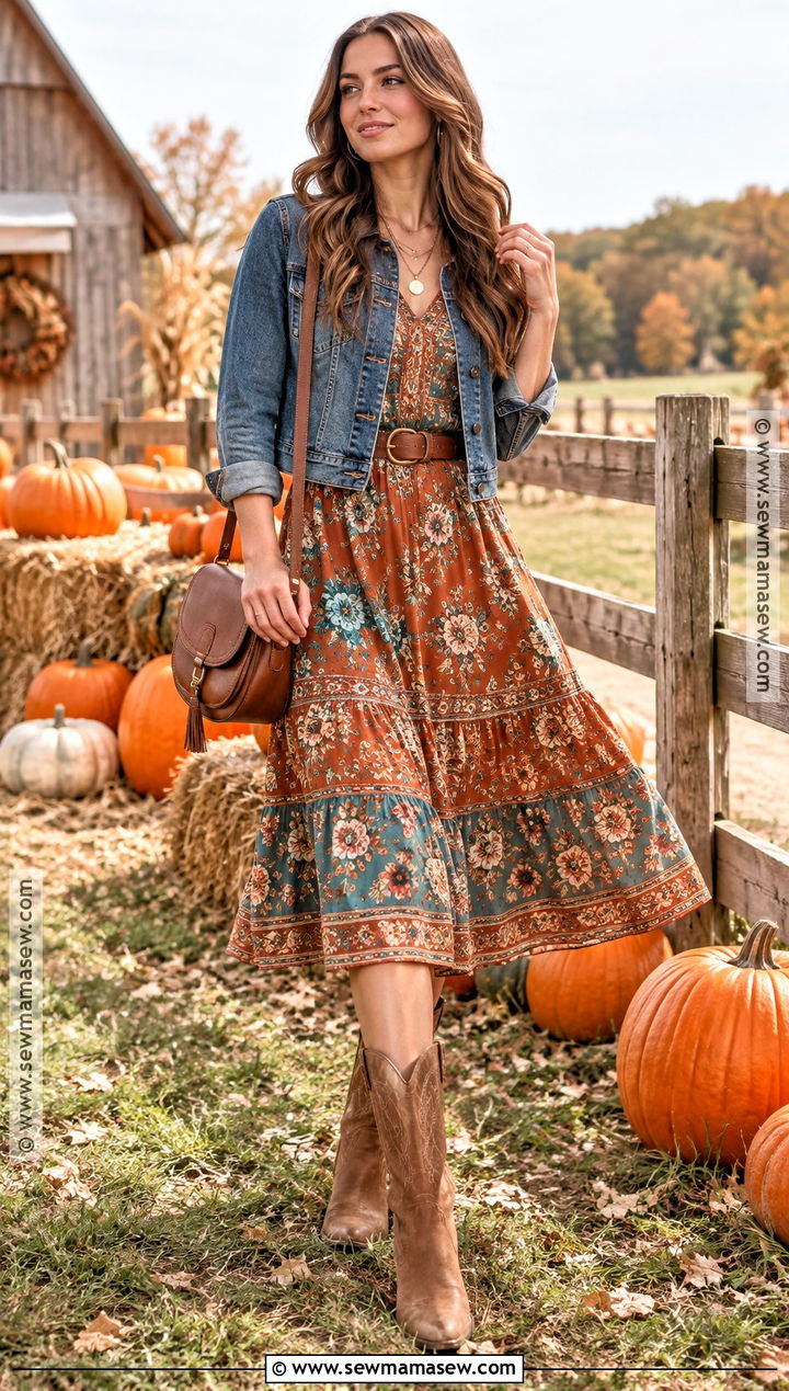 Pumpkin Patch Outfit With Boho Dress And Western Boots - 30 pumpkin patch outfit ideas