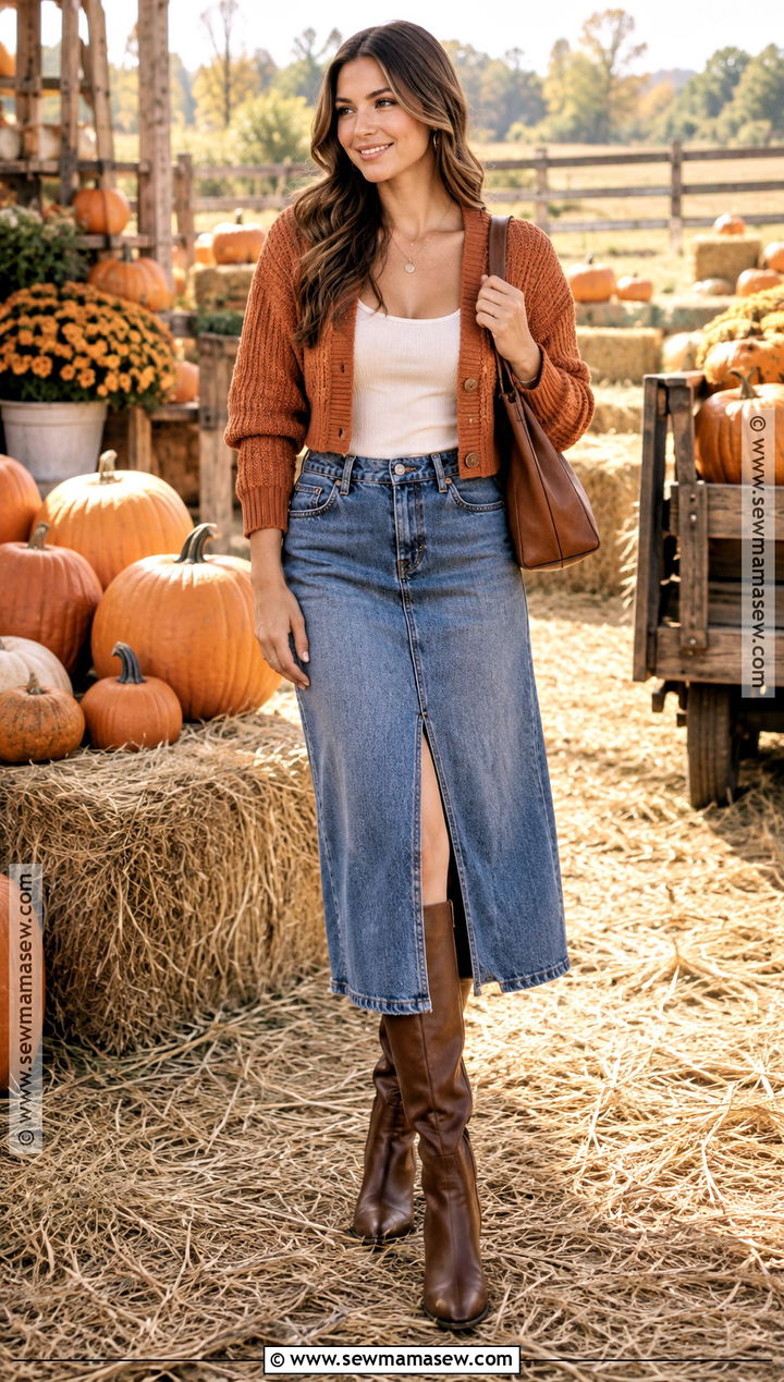 Pumpkin Patch Outfit With Cardigan And Denim Midi Skirt - 15 Fall Outfit Inspo Pumpkin Patch Ideas