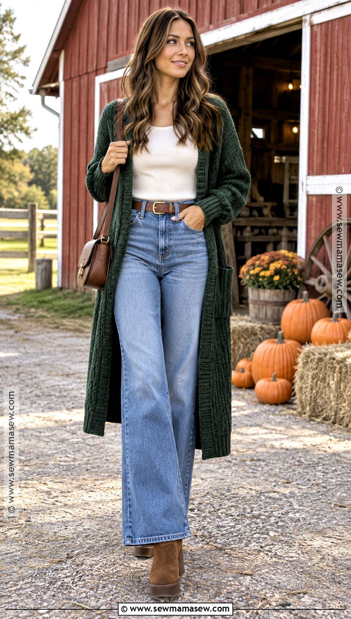 Pumpkin Patch Outfit With Cardigan And Wide Leg Jeans - 30 pumpkin patch outfit ideas