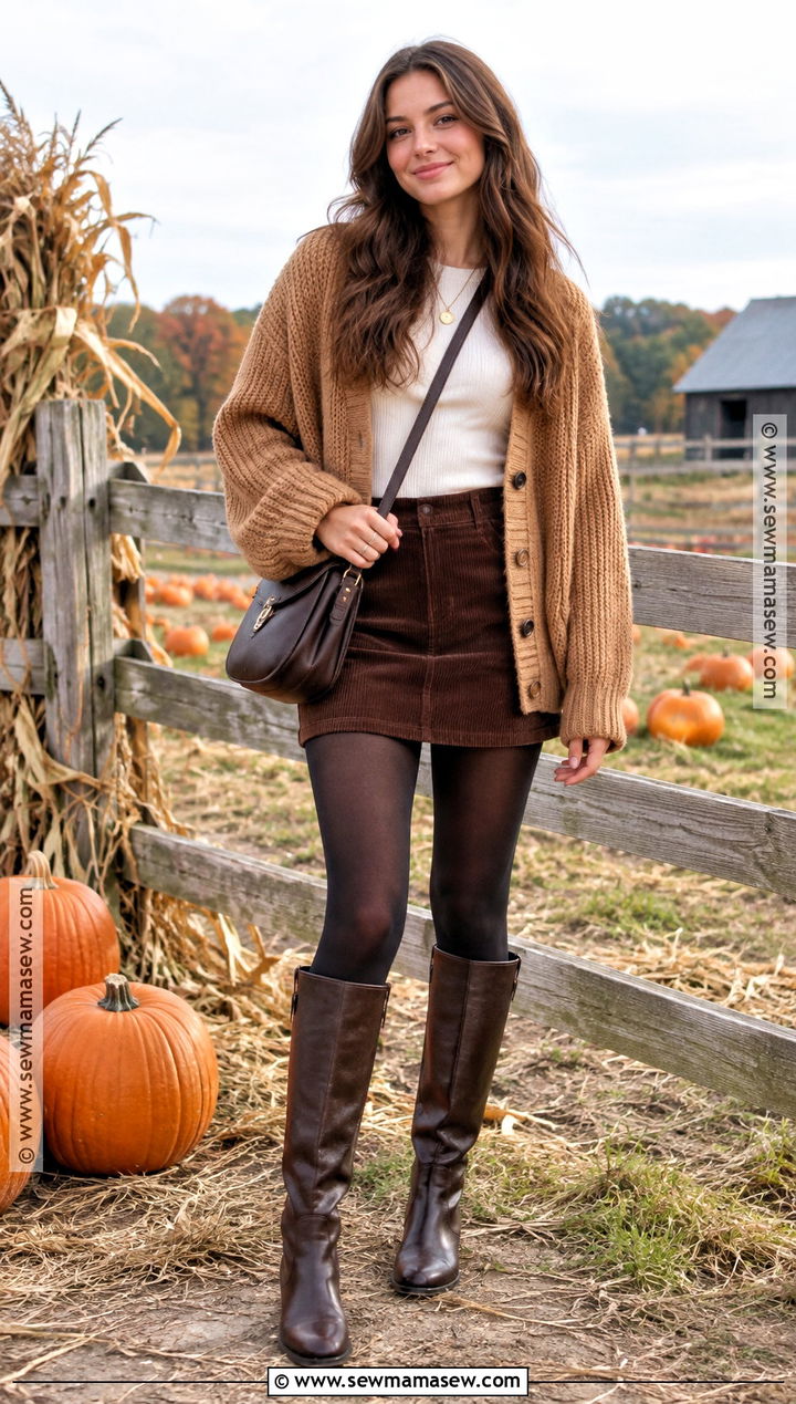 Pumpkin Patch Outfit With Chunky Cardigan And Mini Skirt - 25 Pumpkin Patch Outfit Ideas