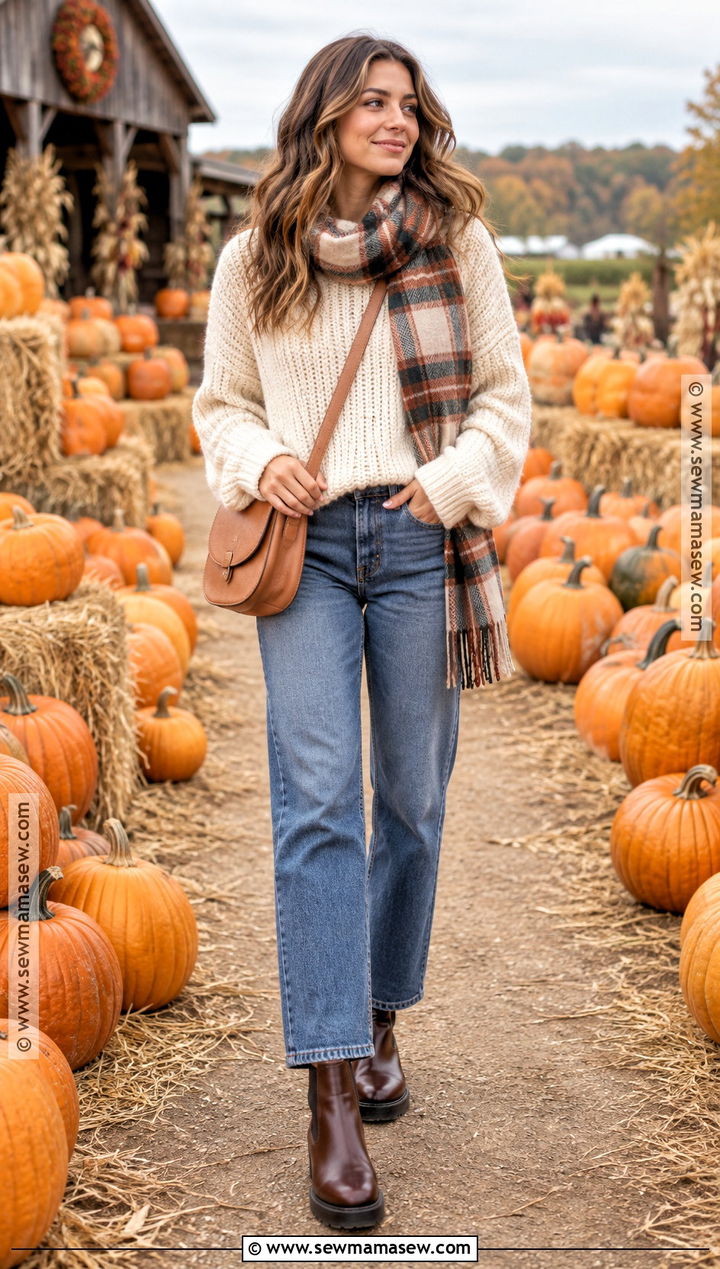 Pumpkin Patch Outfit With Chunky Sweater And Jeans - 25 pumpkin patch outfit cold weather ideas