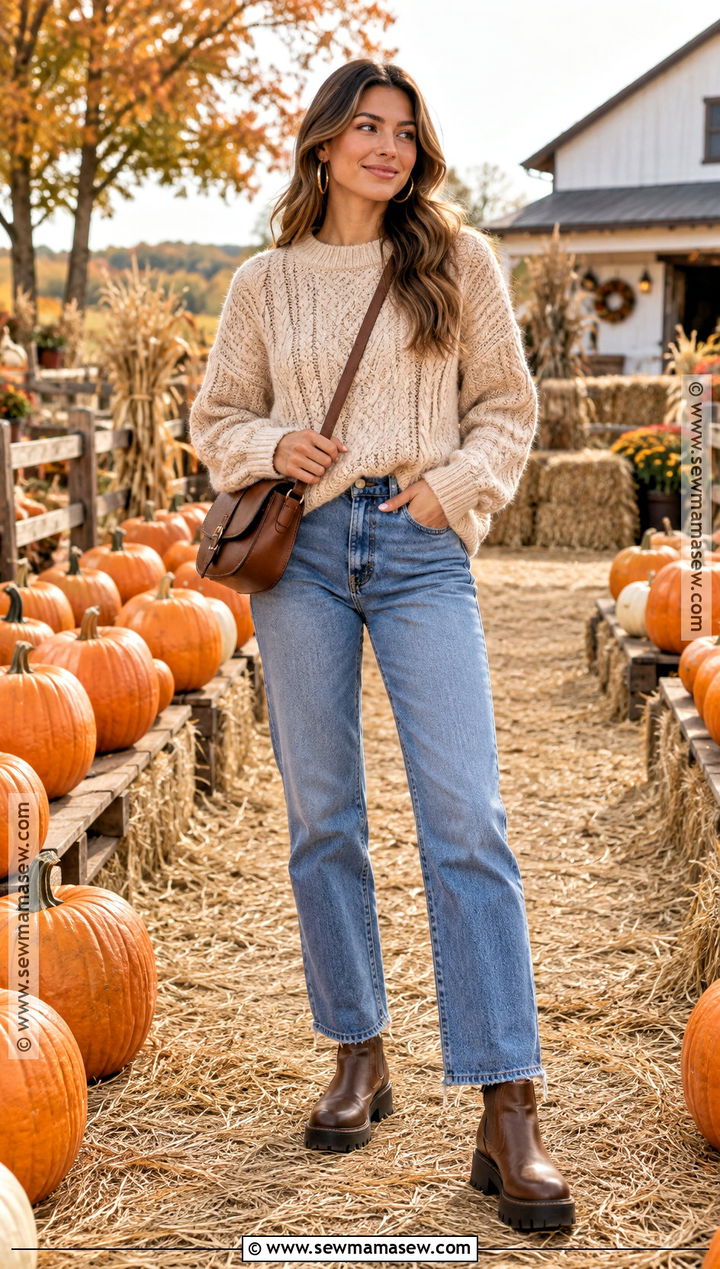 Pumpkin Patch Outfit With Chunky Sweater And Jeans - 15 fall fits for pumpkin patch