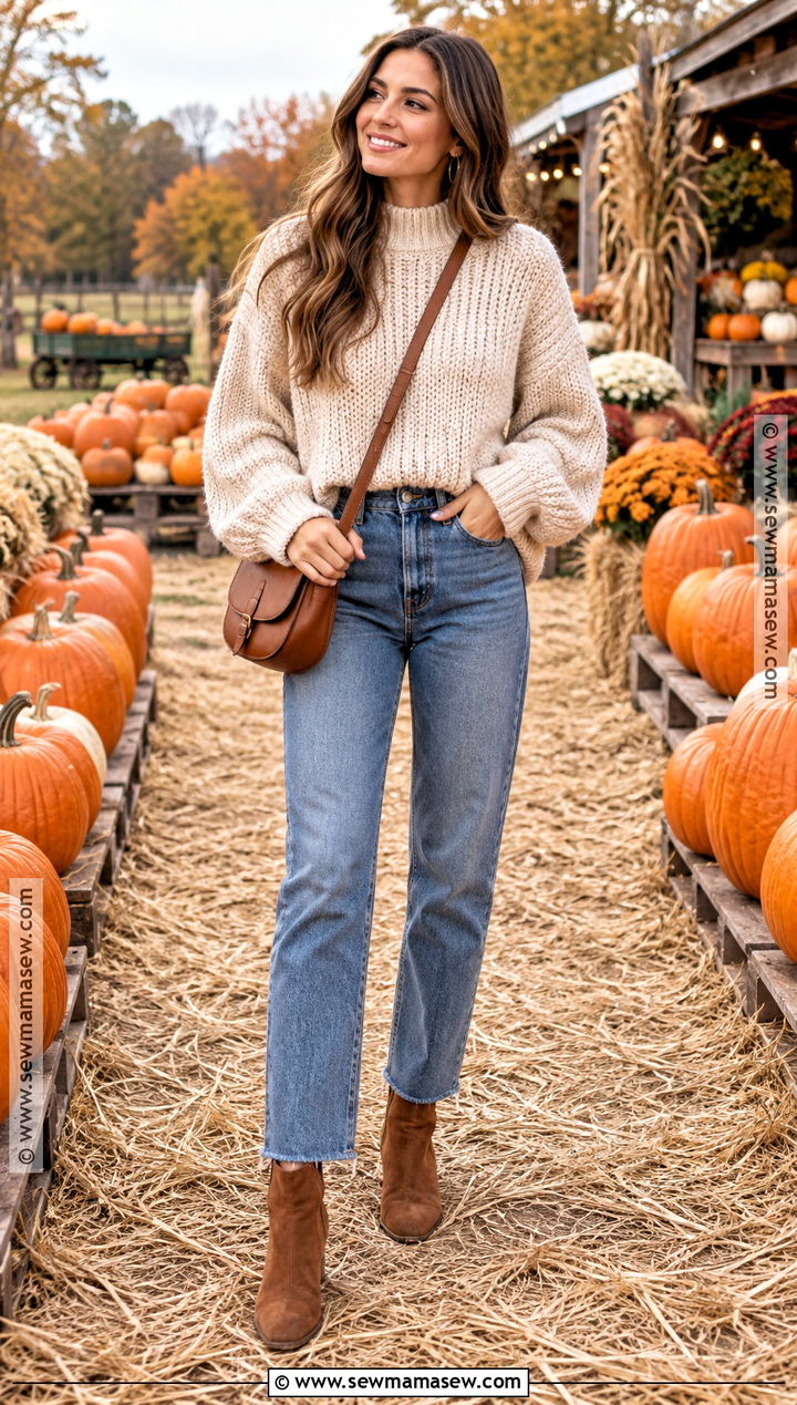 Pumpkin Patch Outfit With Chunky Sweater And Straight Leg Jeans - 30 pumpkin patch outfit ideas