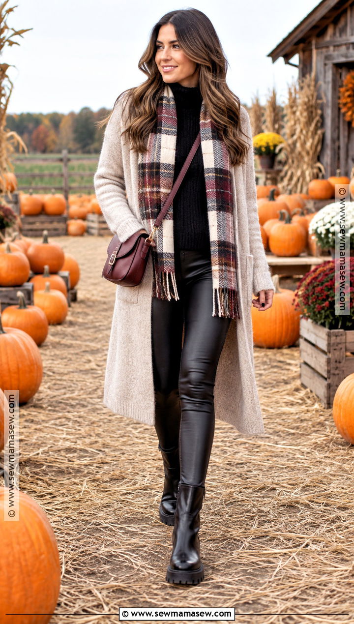 Pumpkin Patch Outfit With Coatigan And Leather Leggings - 30 pumpkin patch outfit ideas