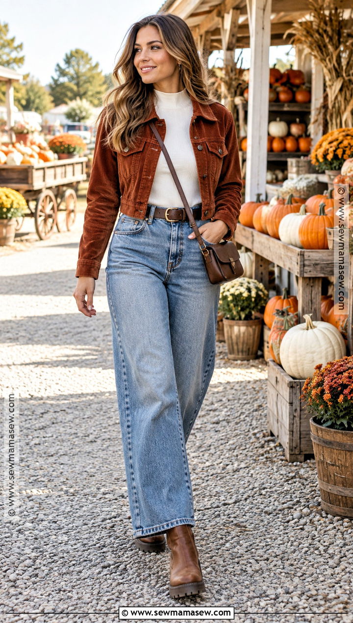 Pumpkin Patch Outfit With Corduroy Jacket And Wide Leg Jeans - 20 Fall Outfits For Pumpkin Patch