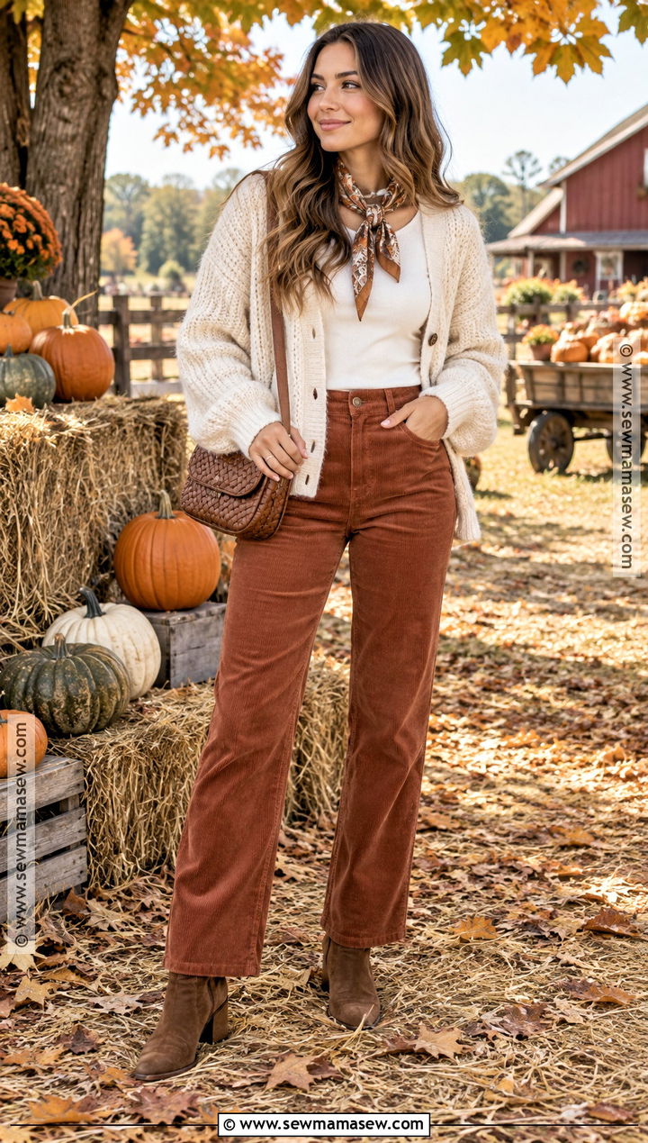 Pumpkin Patch Outfit With Corduroy Pants And Cream Cardigan - 30 pumpkin patch outfit ideas