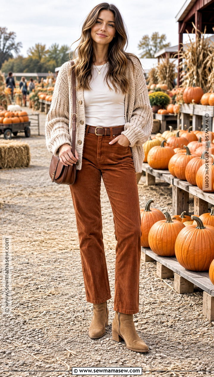 Pumpkin Patch Outfit With Corduroy Pants And Knit Cardigan - 25 Pumpkin Patch Outfit Ideas