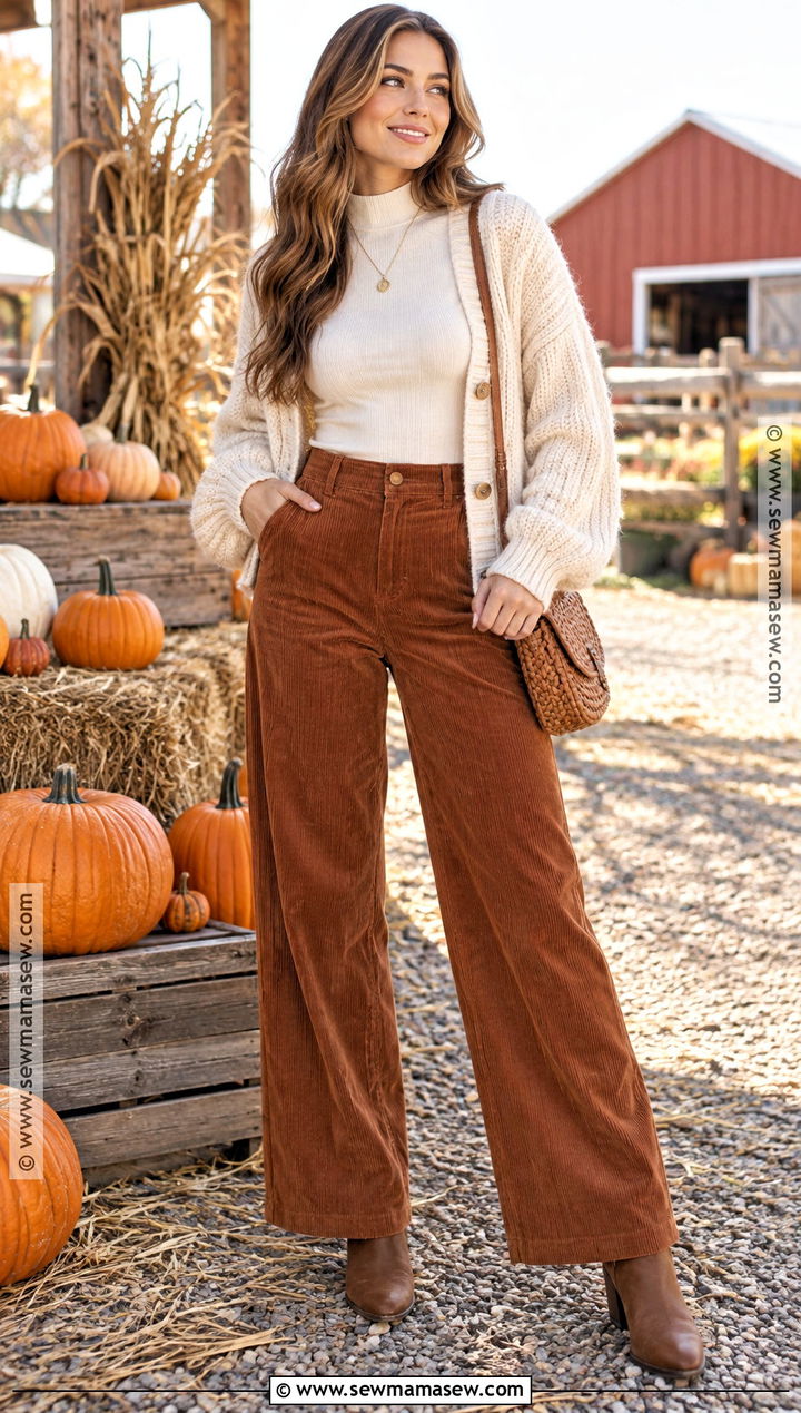 Pumpkin Patch Outfit With Corduroy Pants And Knit Cardigan - 15 fall fits for pumpkin patch