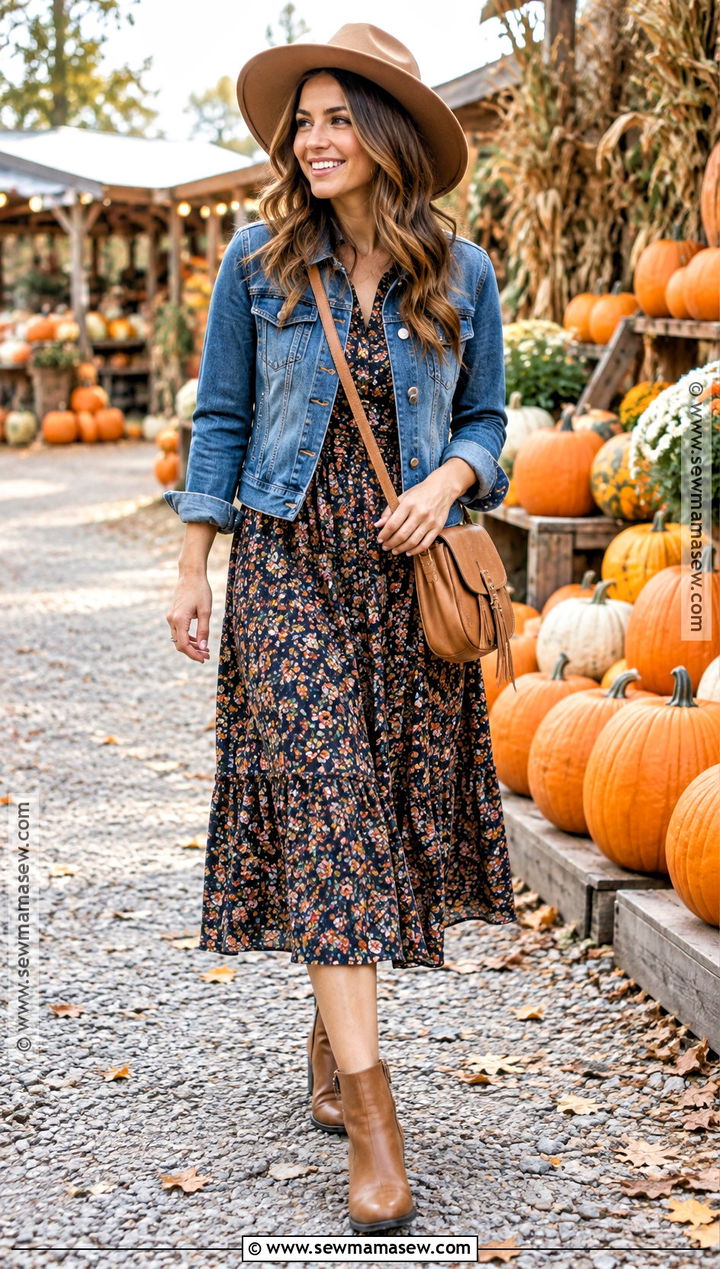 Pumpkin Patch Outfit With Denim Jacket And Floral Dress - 20 pumpkin outfit ideas for women