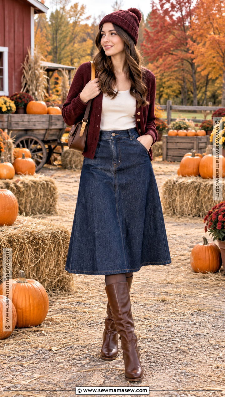 Pumpkin Patch Outfit With Denim Midi Skirt And Cardigan - 25 Pumpkin Patch Outfit Ideas