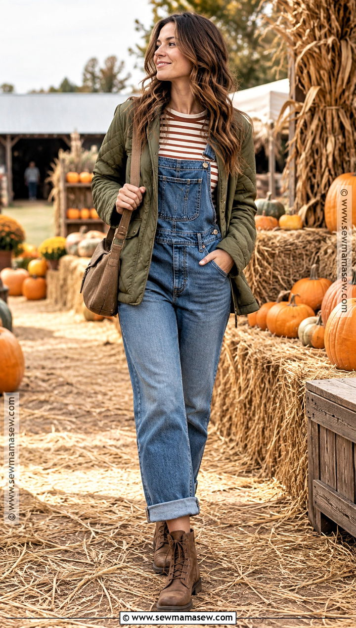 Pumpkin Patch Outfit With Denim Overalls And Striped Shirt - 25 Pumpkin Patch Outfit Ideas