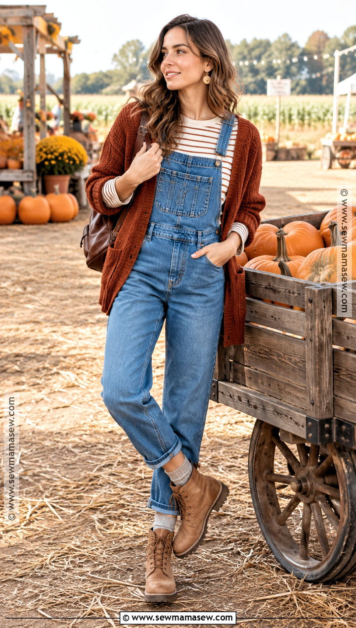 Pumpkin Patch Outfit With Denim Overalls And Striped Shirt - 20 Fall Outfits For Pumpkin Patch