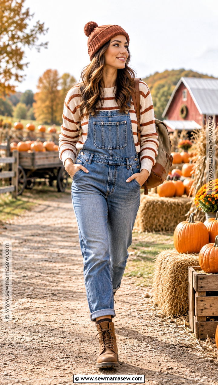 Pumpkin Patch Outfit With Denim Overalls And Striped Sweater - 15 Fall Outfit Inspo Pumpkin Patch Ideas