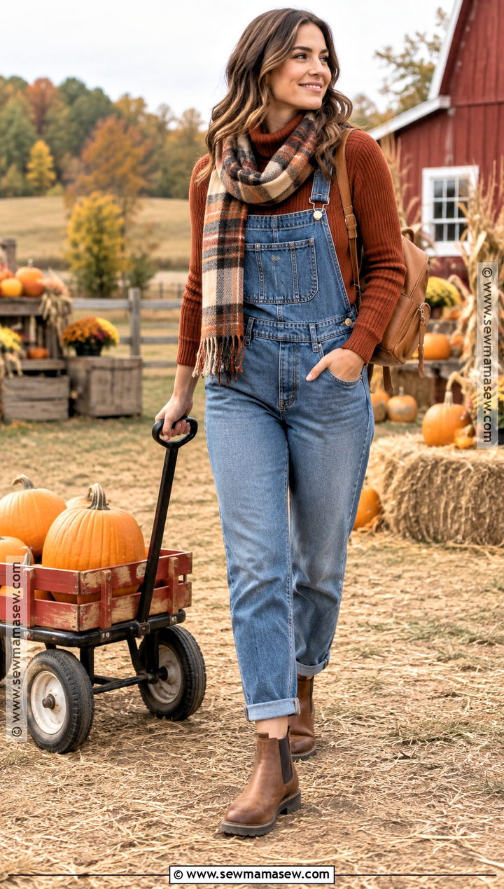 Pumpkin Patch Outfit With Denim Overalls And Turtleneck - 15 fall fits for pumpkin patch