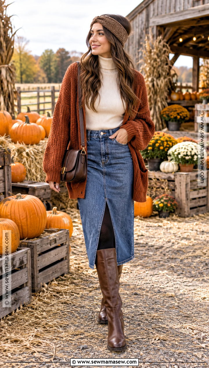 Pumpkin Patch Outfit With Denim Skirt And Knee High Boots - 25 pumpkin patch outfit cold weather ideas