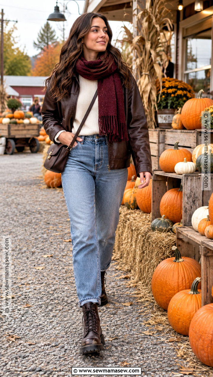 Pumpkin Patch Outfit With Faux Leather Jacket And Mom Jeans - 30 pumpkin patch outfit ideas