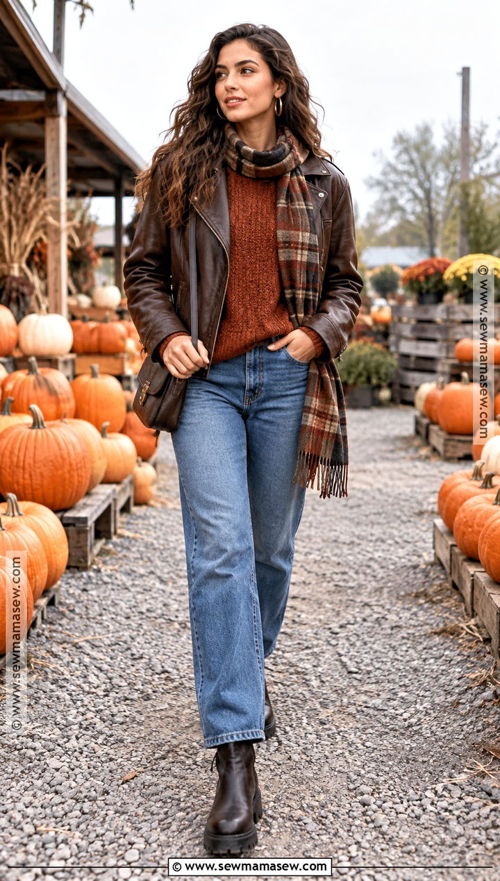Pumpkin Patch Outfit With Faux Leather Jacket And Sweater - 25 pumpkin patch outfit cold weather ideas