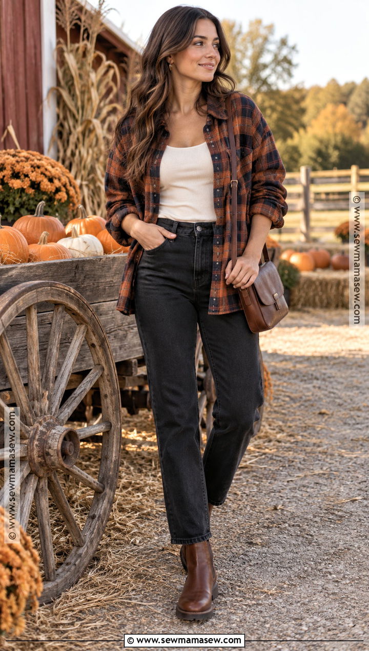 Pumpkin Patch Outfit With Flannel Shirt And Black Jeans - 25 Pumpkin Patch Outfit Ideas