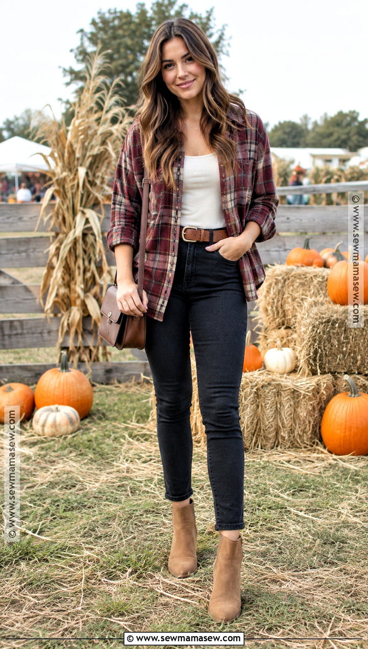 Pumpkin Patch Outfit With Flannel Shirt And Black Jeans - 15 fall fits for pumpkin patch