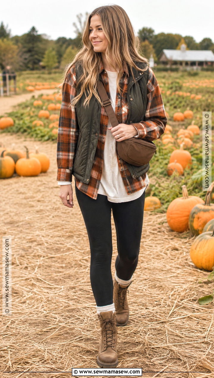 Pumpkin Patch Outfit With Flannel Shirt And Black Leggings - 20 Fall Outfits For Pumpkin Patch