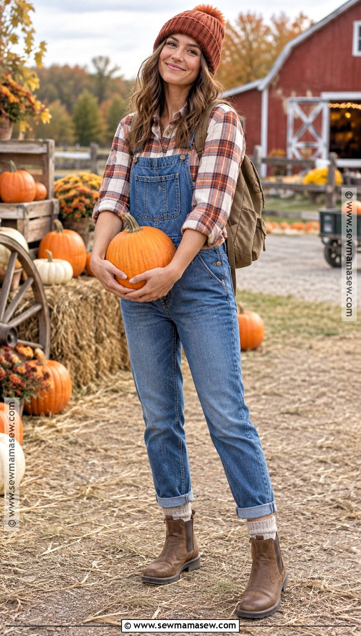 Pumpkin Patch Outfit With Flannel Shirt And Denim Overalls - 20 pumpkin outfit ideas for women