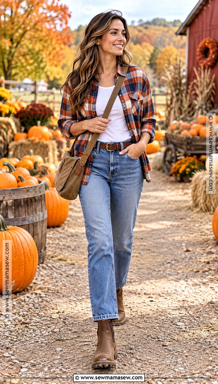 Pumpkin Patch Outfit With Flannel Shirt And Straight Jeans - 15 Fall Outfit Inspo Pumpkin Patch Ideas