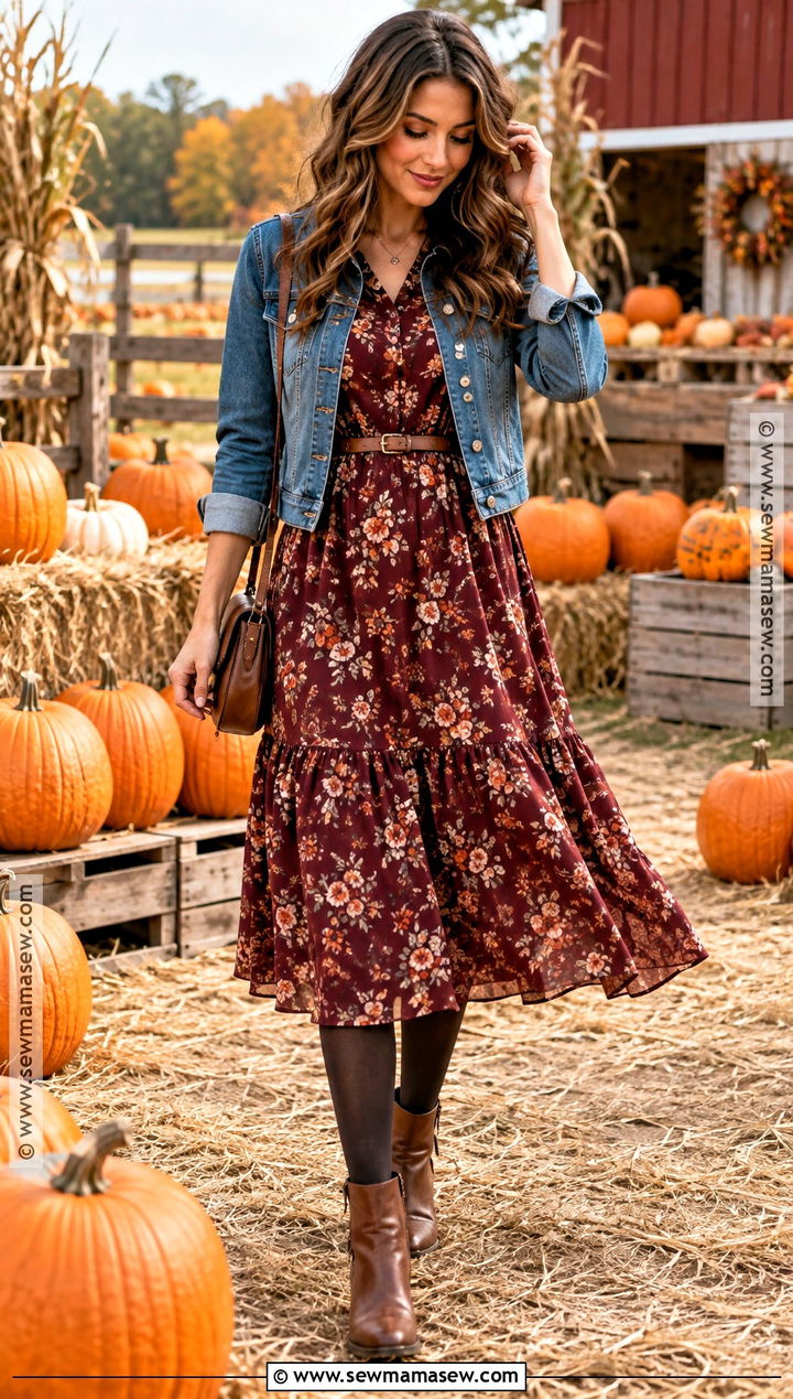 Pumpkin Patch Outfit With Floral Midi Dress And Denim Jacket - 20 Fall Outfits For Pumpkin Patch