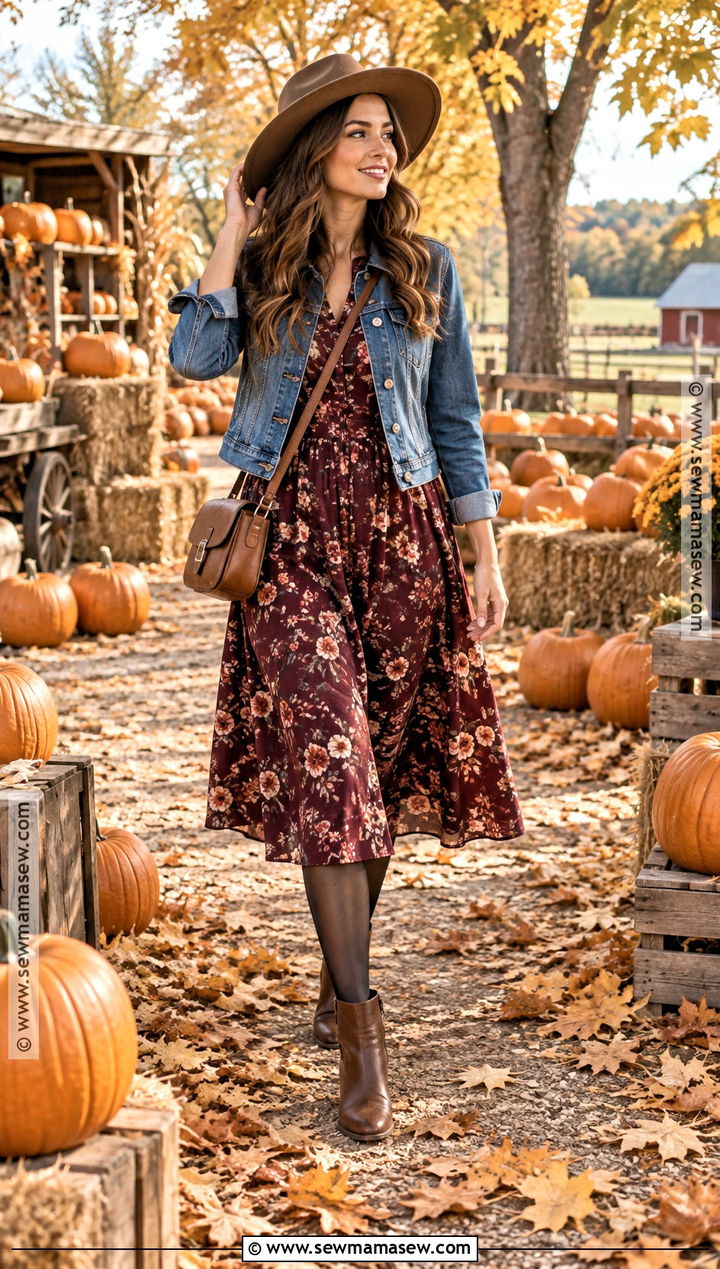 Pumpkin Patch Outfit With Floral Midi Dress And Denim Jacket - 25 Pumpkin Patch Outfit Ideas