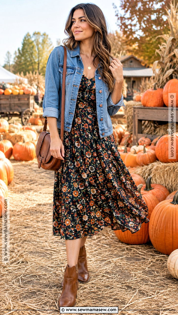 Pumpkin Patch Outfit With Floral Midi Dress And Denim Jacket - 30 pumpkin patch outfit ideas