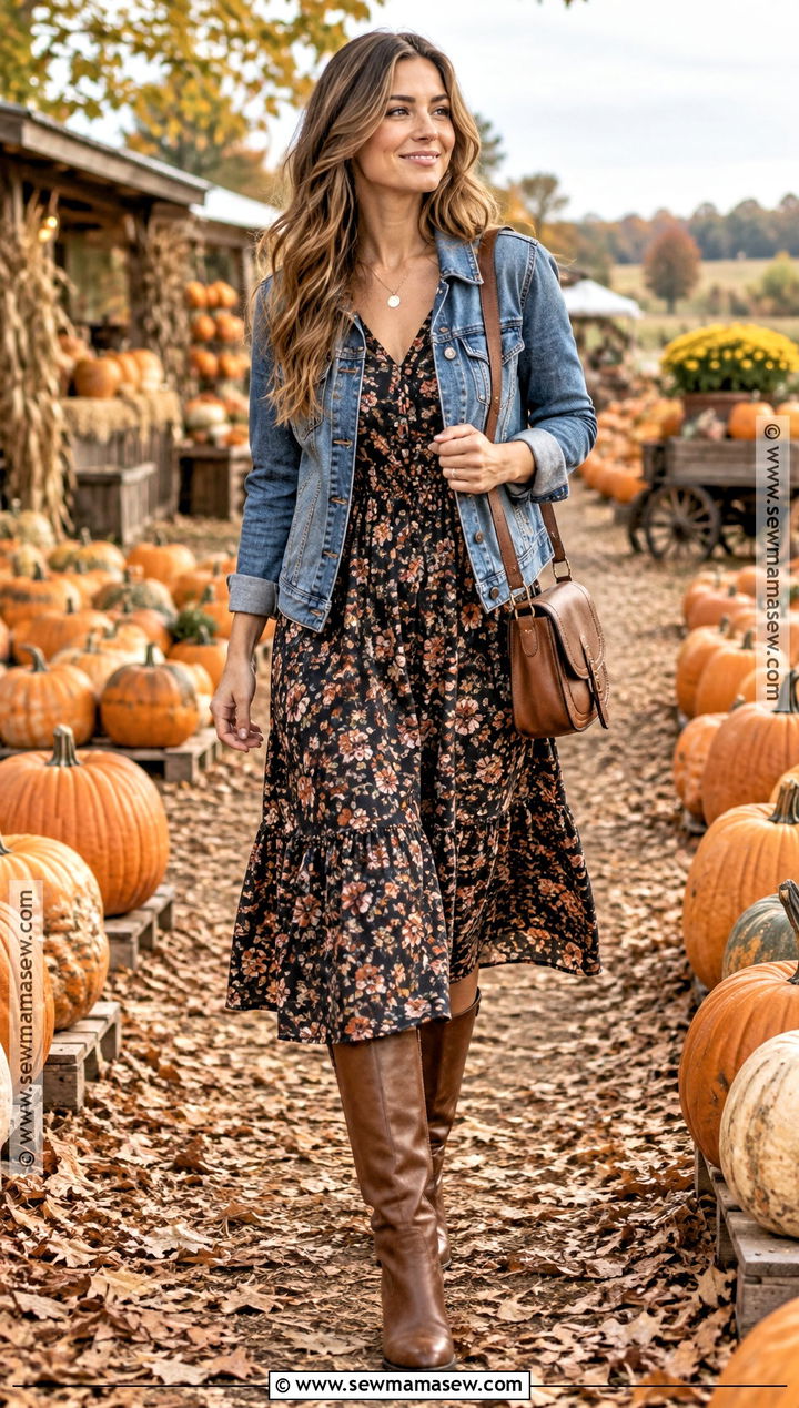 Pumpkin Patch Outfit With Floral Midi Dress And Denim Jacket - 15 fall fits for pumpkin patch
