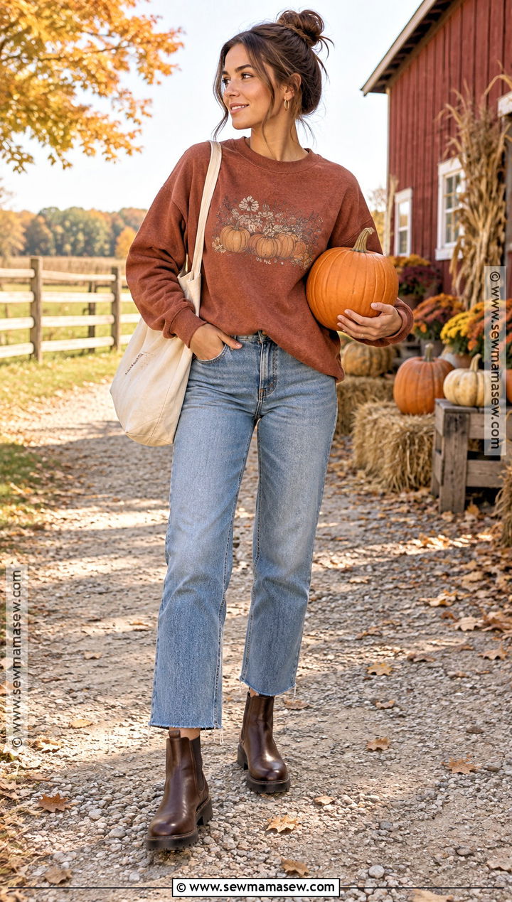 Pumpkin Patch Outfit With Graphic Sweatshirt And Denim - 30 pumpkin patch outfit ideas