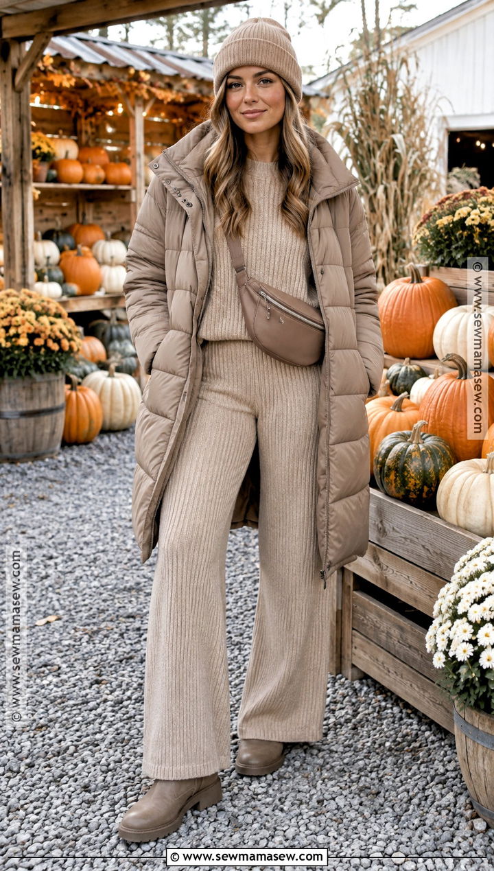 Pumpkin Patch Outfit With Knit Set And Puffer Coat - 25 pumpkin patch outfit cold weather ideas